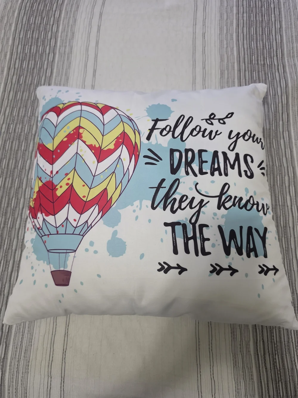 White Throw Pillow with Multicolor Hot Air Balloon Like New